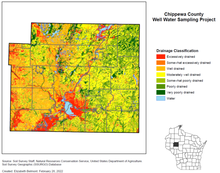 Map of Chippewa County, Wisconsin, showing soil drainage classifications used in the Chippewa County Well Water Sampling Project.
                         Areas are colored by drainage category, including excessively drained, somewhat excessively drained, well drained, moderately well drained, somewhat poorly drained, poorly drained, very poorly drained, and water.
                         A legend on the right explains the color coding, and an inset map highlights the location of Chippewa County within Wisconsin. Source: Soil Survey Geographic (SSURGO) Database; map created February 28, 2022.