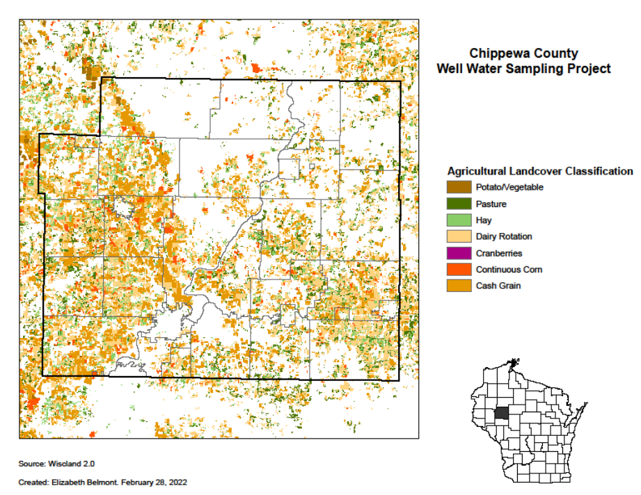 Map of Chippewa County, Wisconsin, showing agricultural land cover classifications as part of the Chippewa County Well Water Sampling Project.
                            The map displays various crop and land‑use types including potato and vegetable fields, pasture, hay, dairy rotation, cranberries, continuous corn, and cash grain.
                            Each land cover type is shown with a different color. A small inset map of Wisconsin highlights the location of Chippewa County. Source: Wiscland 2.0; map created February 28, 2022.