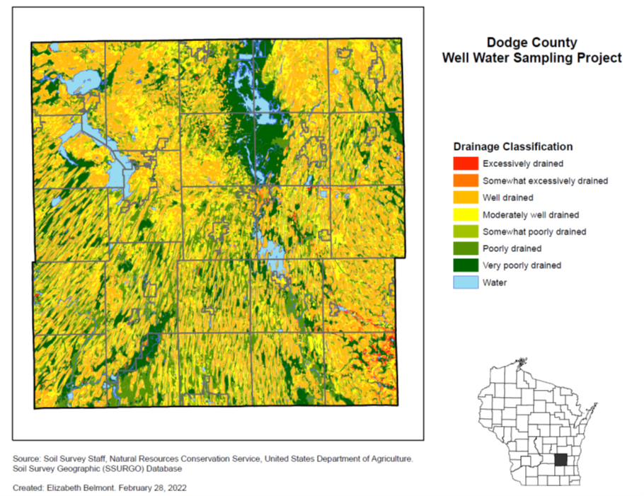 Map of Dodge County, Wisconsin showing soil drainage classifications for the Well Water Sampling Project.
                         The map uses color shading to indicate drainage types, ranging from excessively drained (red) to very poorly drained (dark blue), with water areas shown in light blue.
                         Most of the county is shaded in yellow and light orange, indicating well-drained to somewhat excessively drained soils, with pockets of green and dark green showing moderately well‑drained to poorly drained areas.
                         A small outline map of Wisconsin in the bottom right highlights Dodge County. A legend on the right lists the drainage categories with corresponding colors, and a source note at the bottom credits USDA’s Natural Resources Conservation Service and the SSURGO database.