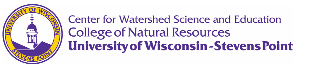 Logo and wordmark for the University of Wisconsin–Stevens Point.
                        On the left is the circular UW–Stevens Point emblem featuring a white clock tower silhouette on a purple and gold background.
                        To the right, the text reads: ‘Center for Watershed Science and Education, College of Natural Resources, University of Wisconsin–Stevens Point’ in purple lettering.
