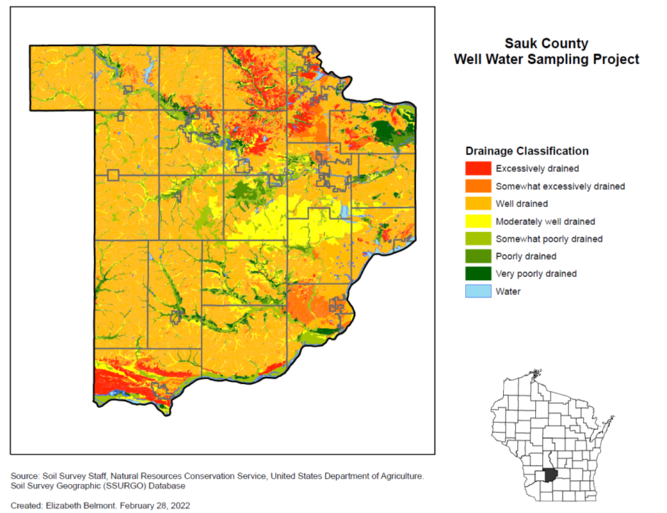 Map of Sauk County, Wisconsin, showing soil drainage classifications for the Sauk County Well Water Sampling Project. 
                         The map uses color shading to represent drainage categories including excessively drained, somewhat excessively drained, well drained, moderately well drained, somewhat poorly drained, poorly drained, very poorly drained, and water.
                         A legend on the right displays the color key. An inset map of Wisconsin highlights the location of Sauk County. Source information and the creation date, February 28, 2022, appear below the map.