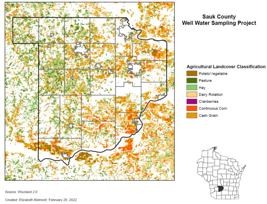 Map of Sauk County, Wisconsin, showing agricultural land cover classifications for the Sauk County Well Water Sampling Project.
                            The map uses different colors to indicate potato and vegetable crops, pasture, hay, dairy rotation, cranberries, continuous corn, and cash grain.
                            A legend on the right explains the color categories. An inset map of Wisconsin highlights the location of Sauk County.
                            Source information and the creation date, February 28, 2022, appear below the map.